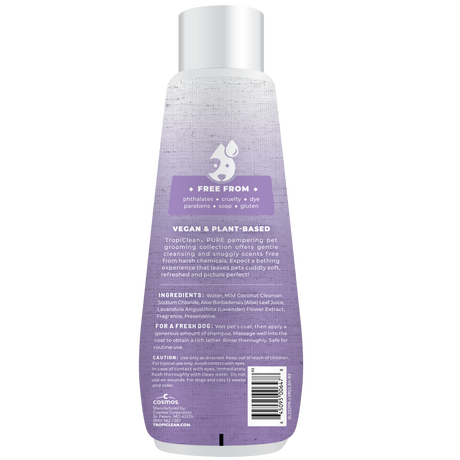 TropiClean PURE Lavender Mist Calming Plant-Based Pet Shampoo, back of 22oz bottle