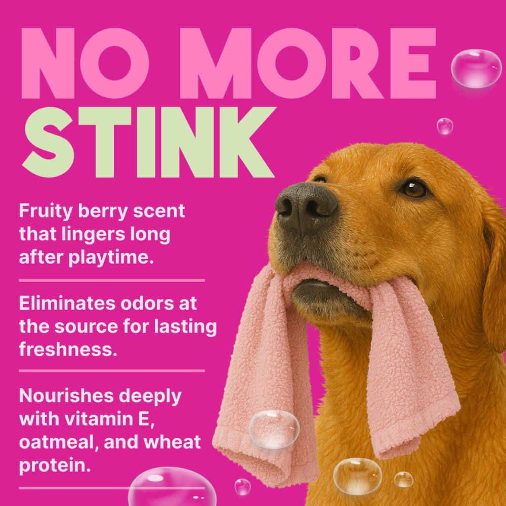 TropiClean Berry Breeze Deodorizing Spray for Pets. Dog with a pink towel with text about a product eliminating dog odor.