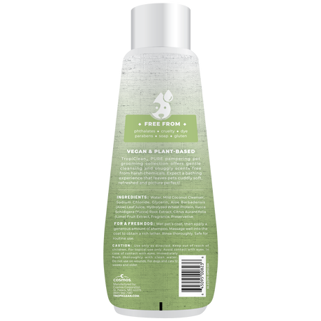 TropiClean PURE Sweet Meadow Shed Control Plant-Based Dog Shampoo, back of 22oz bottle