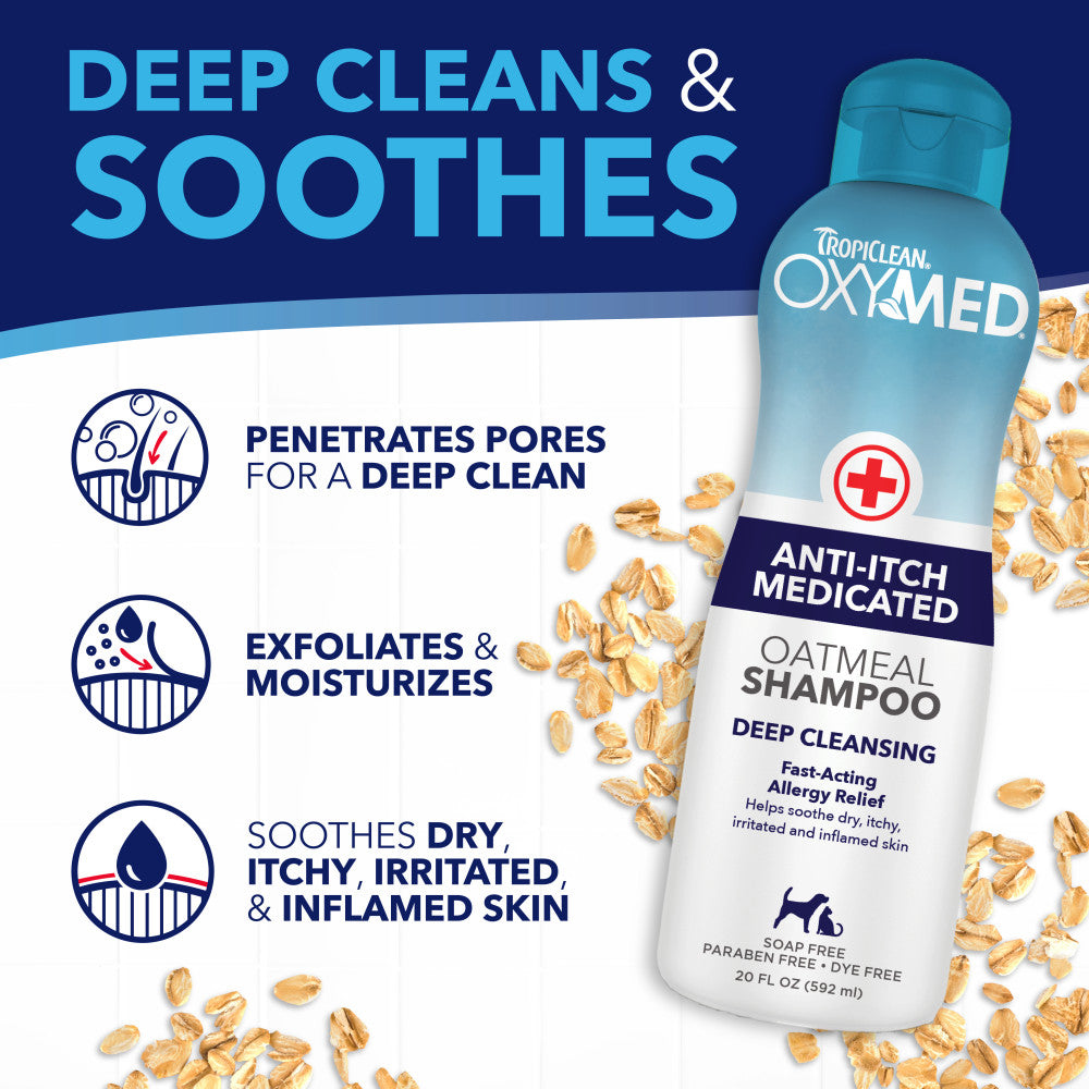 TropiClean OxyMed Medicated Anti Itch shampoo for Pets, features on a blue and white background.