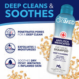 TropiClean OxyMed Medicated Anti Itch shampoo for Pets, features on a blue and white background.