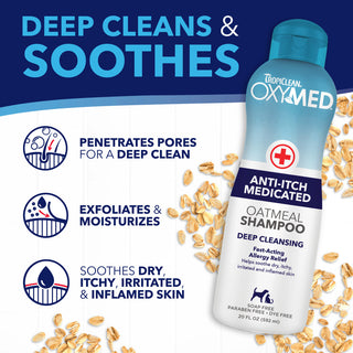 TropiClean OxyMed Medicated Anti Itch shampoo for Pets, features on a blue and white background.