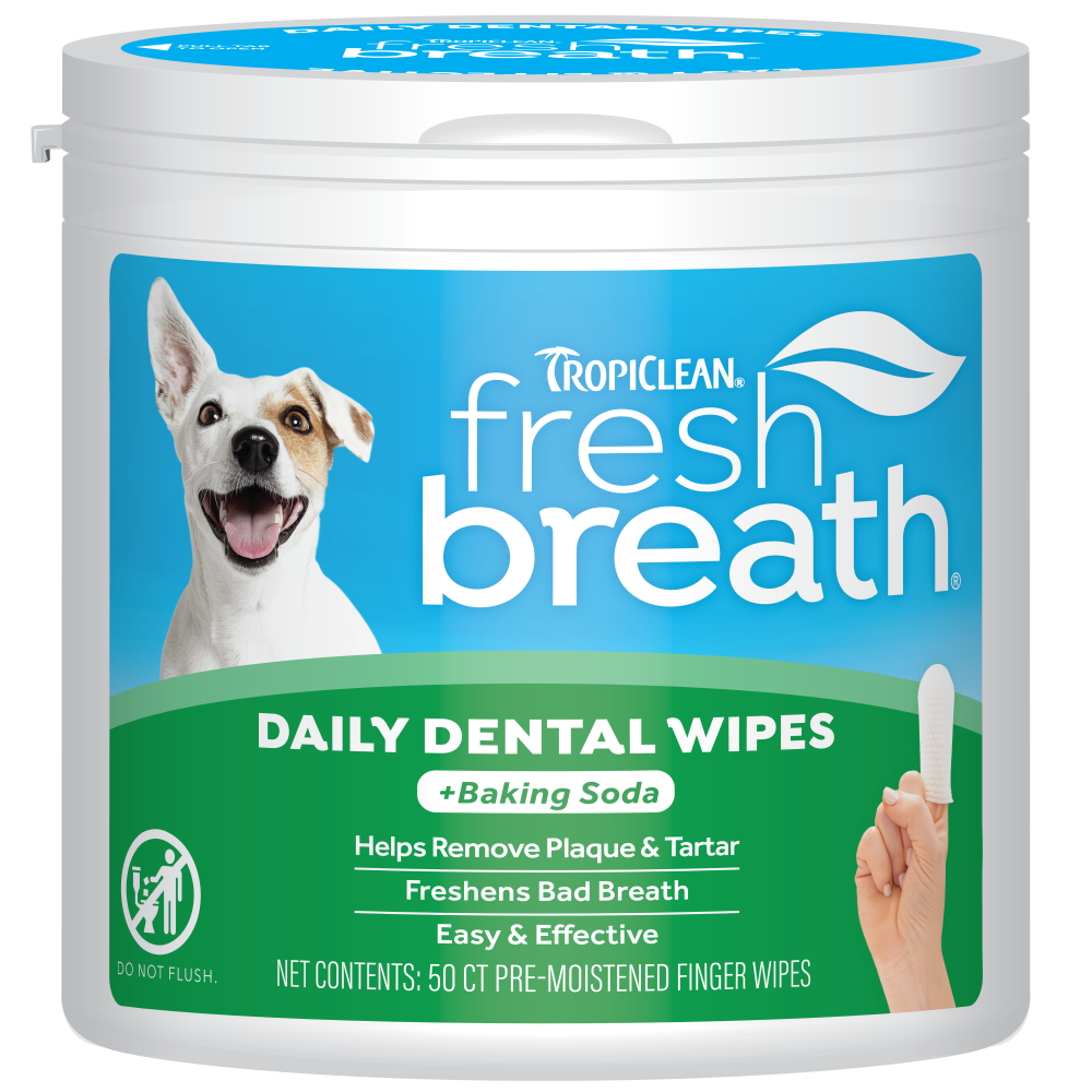 TropiClean Fresh Breath Finger Dental Wipes for Pets, front image of 50 count container