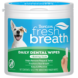 TropiClean Fresh Breath Finger Dental Wipes for Pets, front image of 50 count container