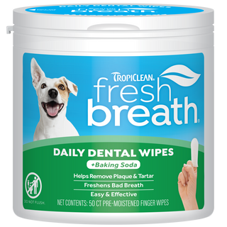 TropiClean Fresh Breath Finger Dental Wipes for Pets, front image of 50 count container