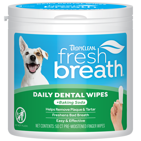 TropiClean Fresh Breath Finger Dental Wipes for Pets, front image of 50 count container
