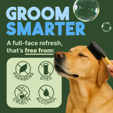 Dog being groomed with a brush, featuring 'Groom Smarter' text and ingredient-free icons