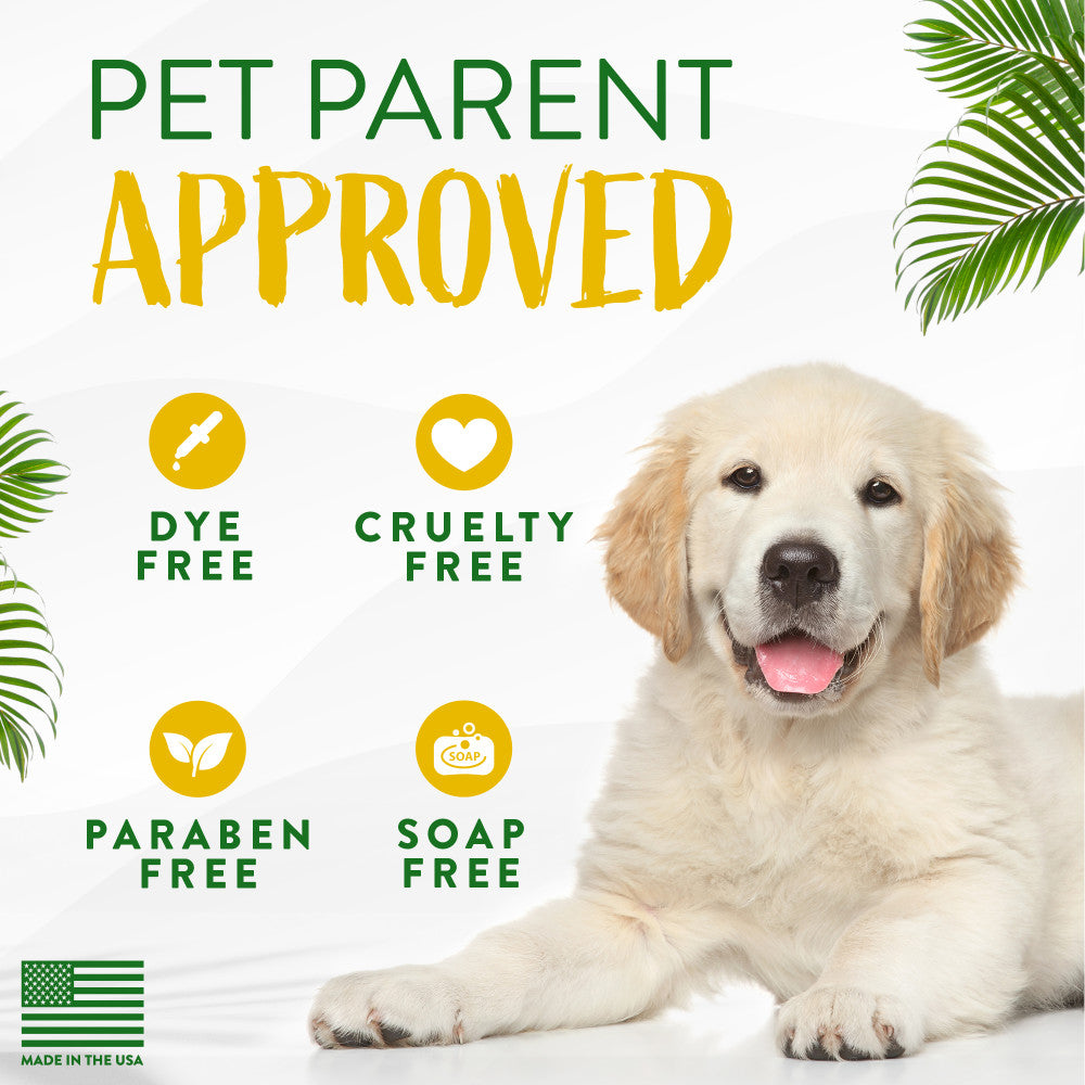 Dog with 'Pet Parent Approved' label, highlighting dye-free, cruelty-free, paraben-free, and soap-free products by TropiClean pet grooming products