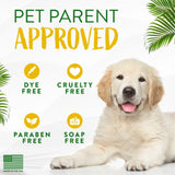 Dog with 'Pet Parent Approved' label, highlighting dye-free, cruelty-free, paraben-free, and soap-free products by TropiClean pet grooming products