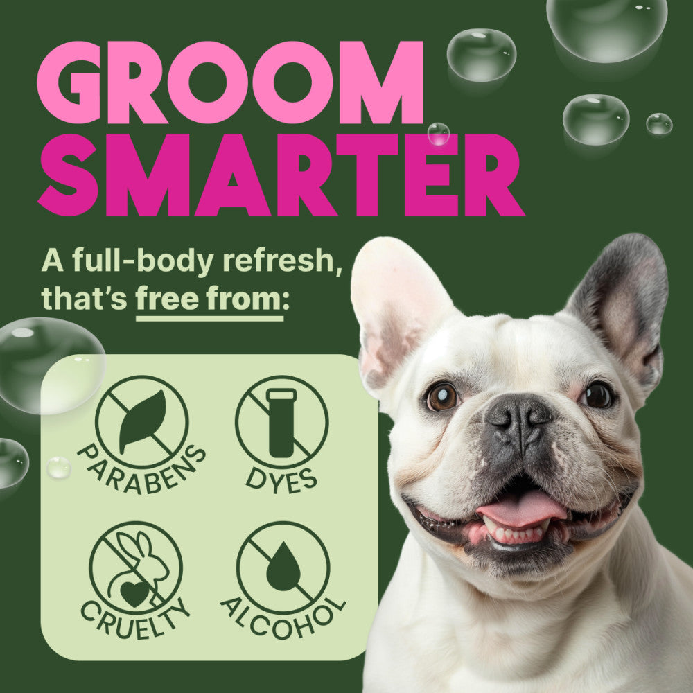 Dog with 'Groom Smarter' text and product features. TropiClean Berry Breeze Deodorizing Spray for Pets