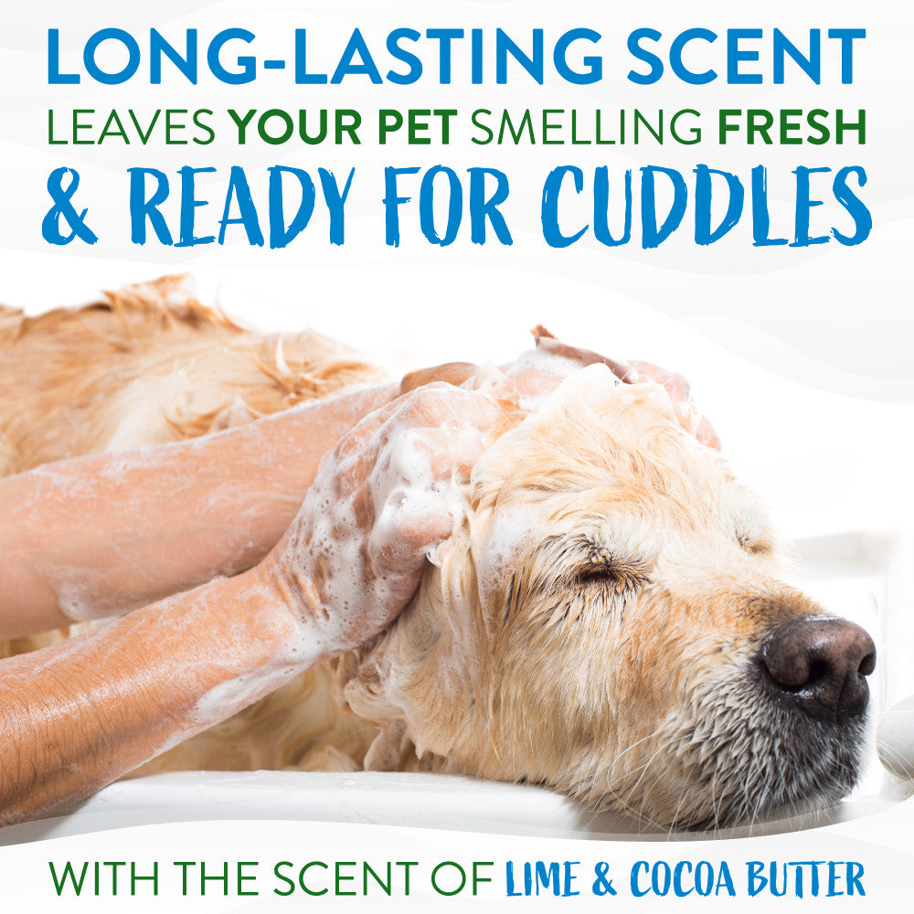 Dog being washed with TropiClean Lime & Cocoa Butter Shed Control Conditioner for Pets, text about long-lasting scent and lime & cocoa butter.