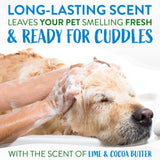 Dog being washed with TropiClean Lime & Cocoa Butter Shed Control Conditioner for Pets, text about long-lasting scent and lime & cocoa butter.