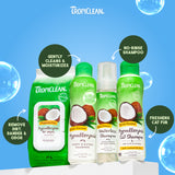 TropicClean pet care products on a blue background with product names and features highlighted.