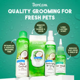 TropicClean pet care products on a green background with product features highlighted.