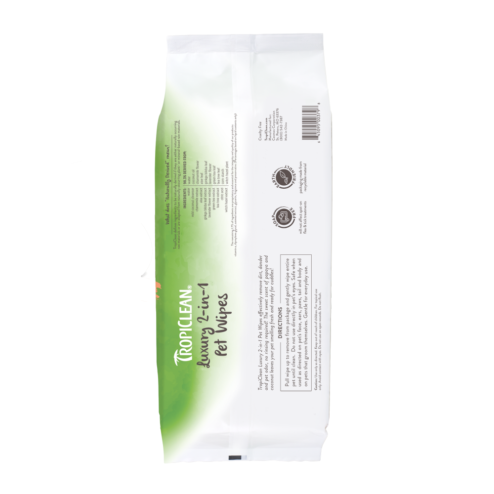 TropiClean Papaya & Coconut Luxury 2-In-1 Pet Wipes, back of 100 ct package