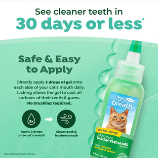 TropiClean Fresh Breath No Brushing Dental & Oral Care Gel for Cats. Cat dental care product with text on a green background