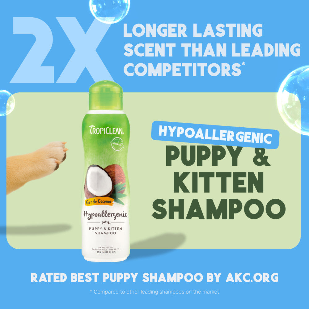 TropiClean puppy and kitten shampoo bottle with branding and product details.