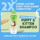TropiClean puppy and kitten shampoo bottle with branding and product details.