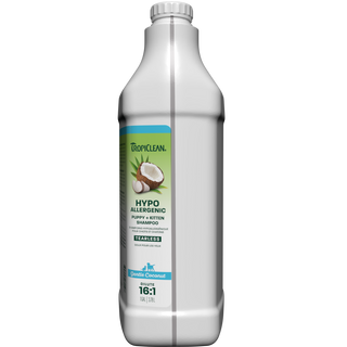 TropiClean hypoallergenic puppy and kitten shampoo gallon side view on a white background