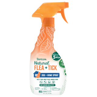 TropiClean Flea and Tick Pet & Bedding Spray for Dogs, front of 16oz spray bottle.