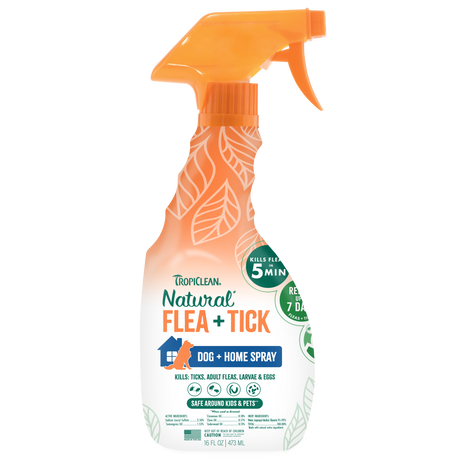 TropiClean Flea and Tick Pet & Bedding Spray for Dogs, front of 16oz spray bottle.