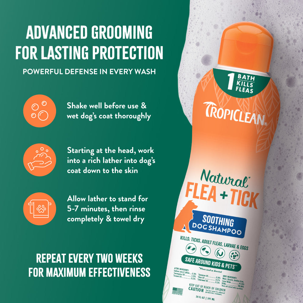 Tropiclean Natural Flea + Tick soothing dog shampoo bottle with usage instructions on a green background