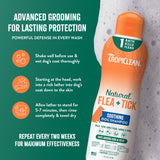 Tropiclean Natural Flea + Tick soothing dog shampoo bottle with usage instructions on a green background