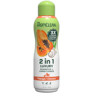 TropiClean Papaya + Coconut Pet Shampoo & Conditioner, 3X Front bottle on white background.