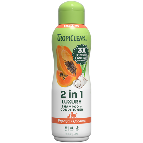 TropiClean Papaya + Coconut Pet Shampoo & Conditioner, 3X Front bottle on white background.