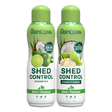 Tropiclean Shed Control Shampoo and Conditioner bottles with lime and coconut imagery on a white background