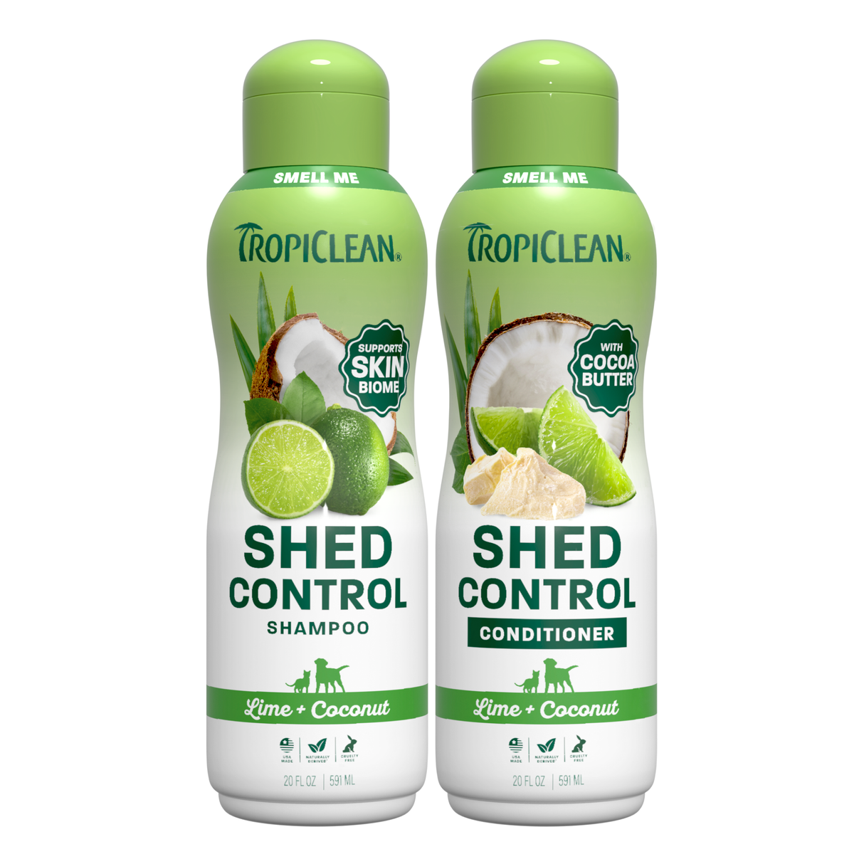 Tropiclean Shed Control Shampoo and Conditioner bottles with lime and coconut imagery on a white background
