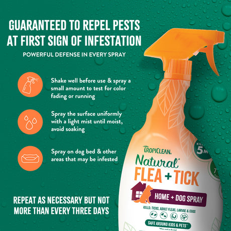 Tropiclean Natural Flea + Tick Home & Dog Spray bottle with usage instructions on a green background