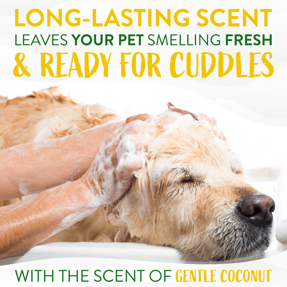 Dog being washed with TropiClean Gentle Coconut Hypoallergenic Puppy and Kitten Shampoo, text about long-lasting coconut scent.