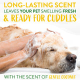 Dog being washed with TropiClean Gentle Coconut Hypoallergenic Puppy and Kitten Shampoo, text about long-lasting coconut scent.
