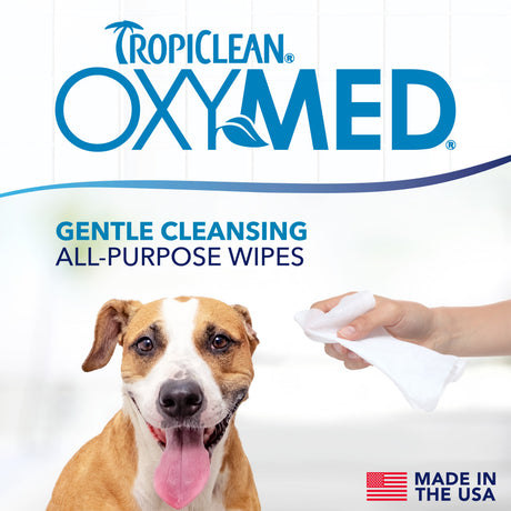 TropiClean OxyMed all-purpose wipes with a dog and hand holding a wipe
