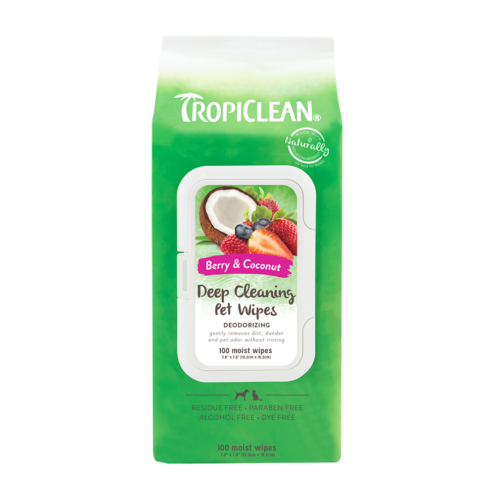 TropiClean Berry & Coconut Deep Cleaning Pet Wipes, front of 100ct package