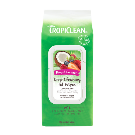 TropiClean Berry & Coconut Deep Cleaning Pet Wipes, front of 100ct package