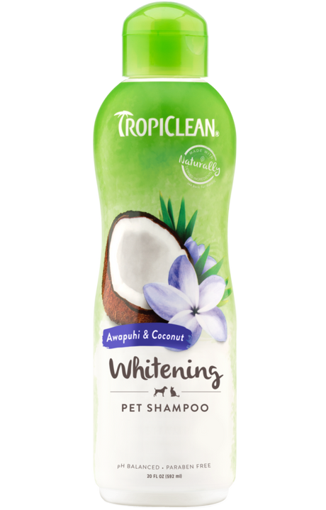 TropiClean Awapuhi & Coconut Whitening Shampoo for Pets, front image of bottle