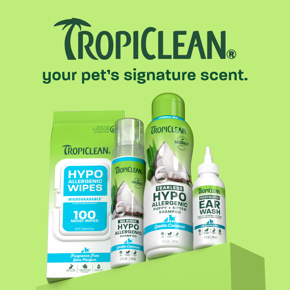 TropiClean line up on light green background.