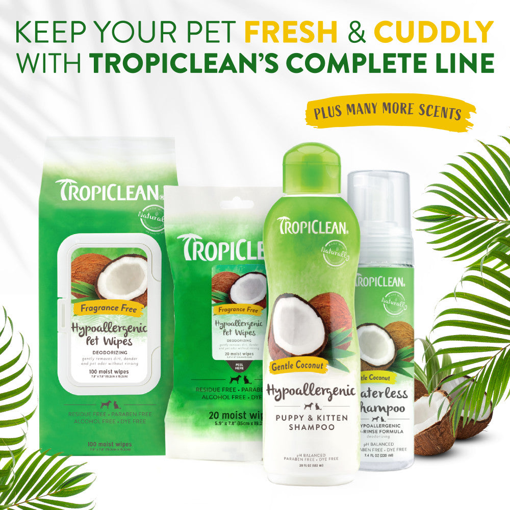 TropiClean Gentle Coconut Hypoallergenic Puppy and Kitten Shampoo pet care line of products with coconut imagery