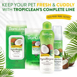 TropiClean Gentle Coconut Hypoallergenic Puppy and Kitten Shampoo pet care line of products with coconut imagery