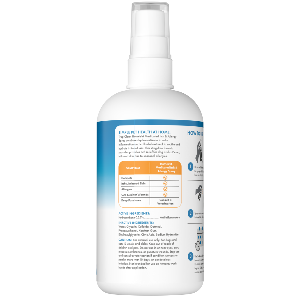 TropiClean HomeVet Medicated Itch & Allergy Pet Spray, back of oz spray bottle