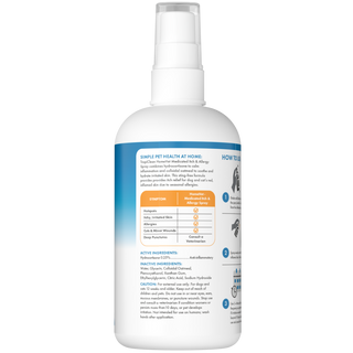 TropiClean HomeVet Medicated Itch & Allergy Pet Spray, back of oz spray bottle