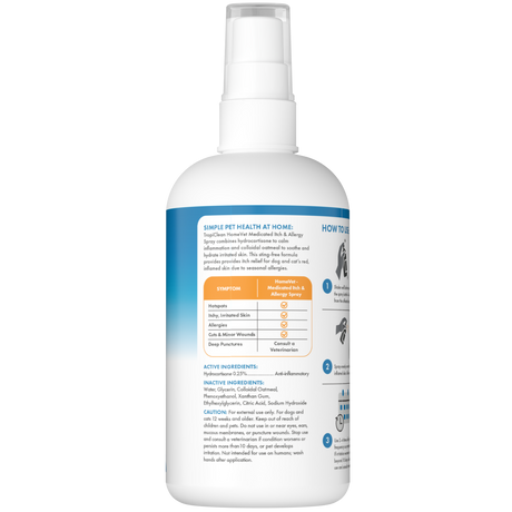 TropiClean HomeVet Medicated Itch & Allergy Pet Spray, back of oz spray bottle