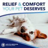Dog lying down with text 'Relief & Comfort Your Pet Deserves' and 'Anti-Itch Medicated Soothing Spray'
