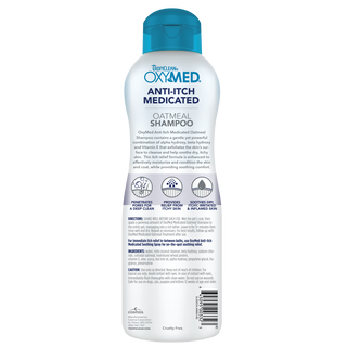TropiClean OxyMed Medicated Anti Itch Shampoo for Pets, back of 20oz bottle.