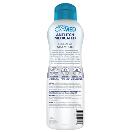 TropiClean OxyMed Medicated Anti Itch Shampoo for Pets, back of 20oz bottle.