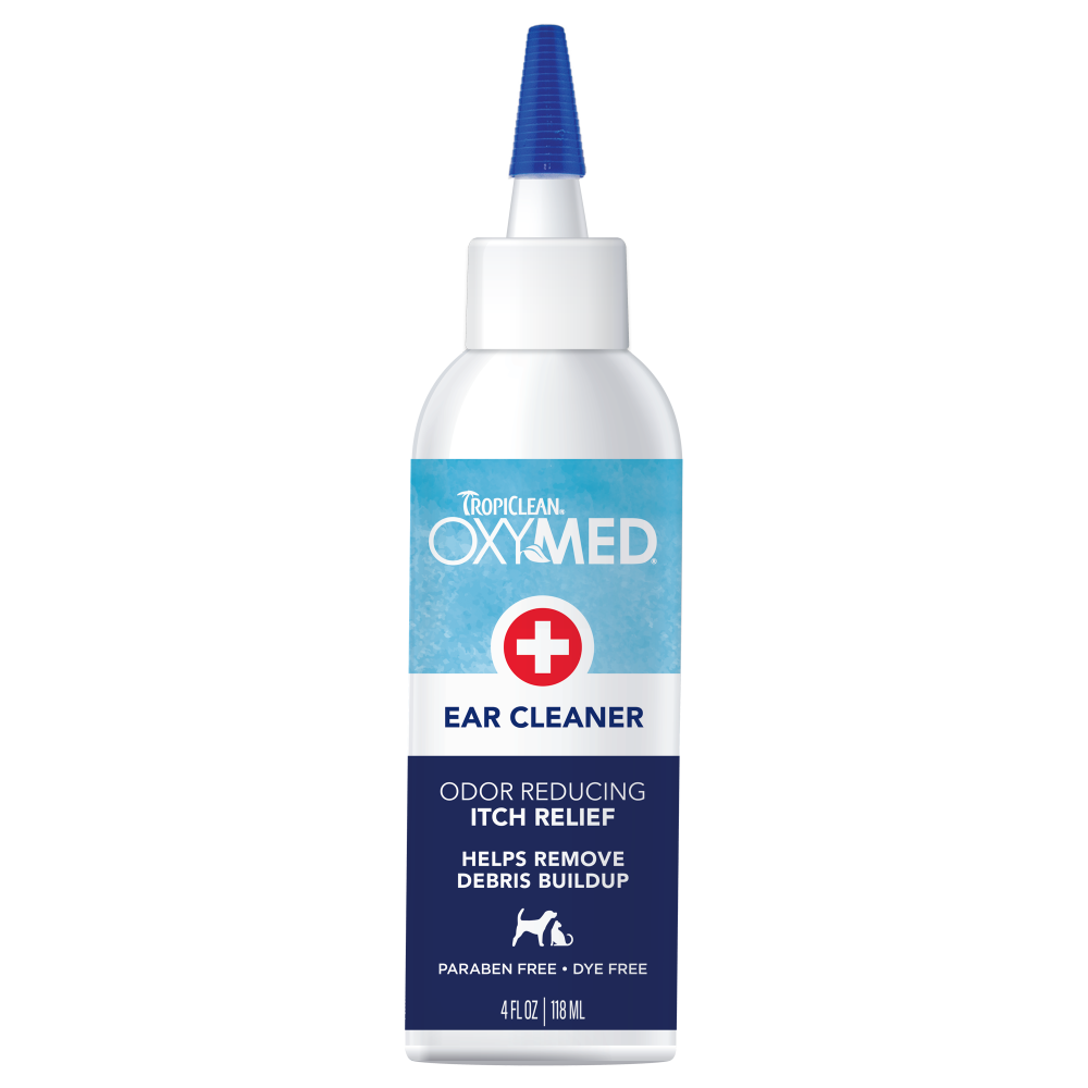 TropiClean OxyMed Ear Cleaner for Dogs and Cats, front of blue and white bottle
