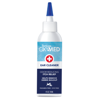 TropiClean OxyMed Ear Cleaner for Dogs and Cats, front of blue and white bottle