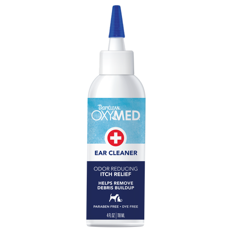 TropiClean OxyMed Ear Cleaner for Dogs and Cats, front of blue and white bottle